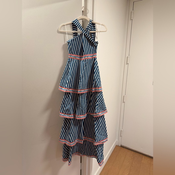 Striped Blue & White Tiered Maxi Dress with Red Trim - Picture 4 of 5